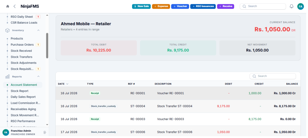 NinjaFMS Retailer Accounts Statement
