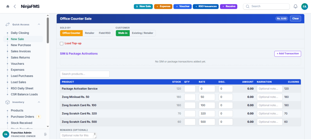 NinjaFMS Make New Sale Form