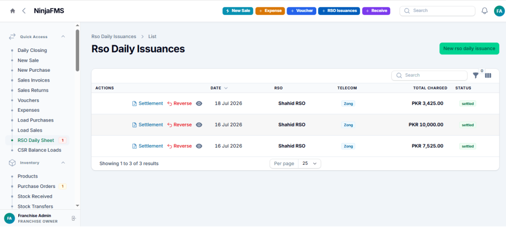 NinjaFMS RSO Daily Issunace and Settlement