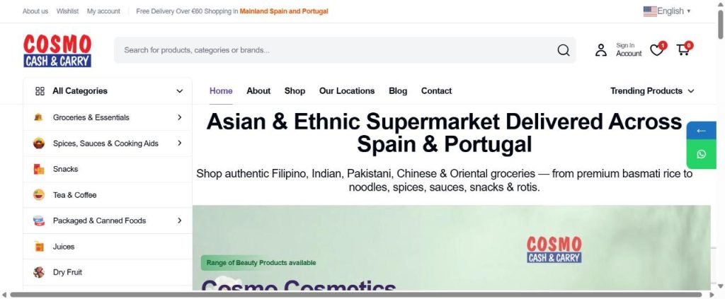Redesigned Cosmo Cash & Carry homepage: Asian and ethnic supermarket delivered across Spain and Portugal