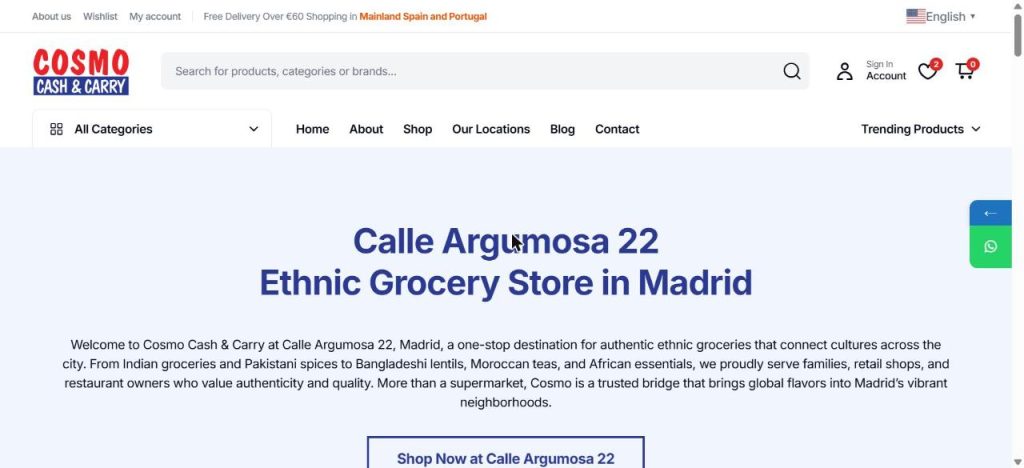 Local SEO store page for Cosmo Cash & Carry Calle Argumosa 22, an ethnic grocery store in Madrid