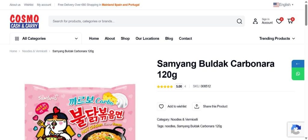 Cosmo Cash & Carry product page for Samyang Buldak Carbonara with breadcrumbs, star rating and SKU