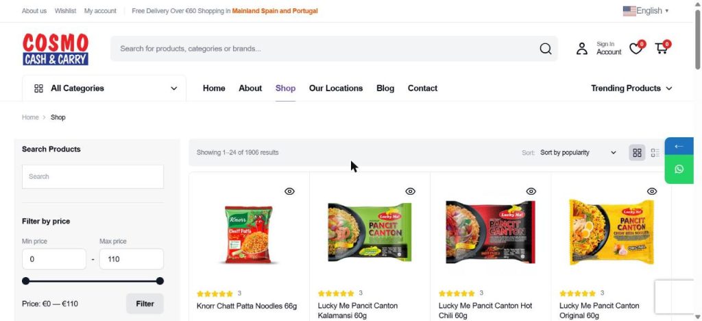 Cosmo Cash & Carry online shop with 1,906 products, product search, price filter and sort by popularity