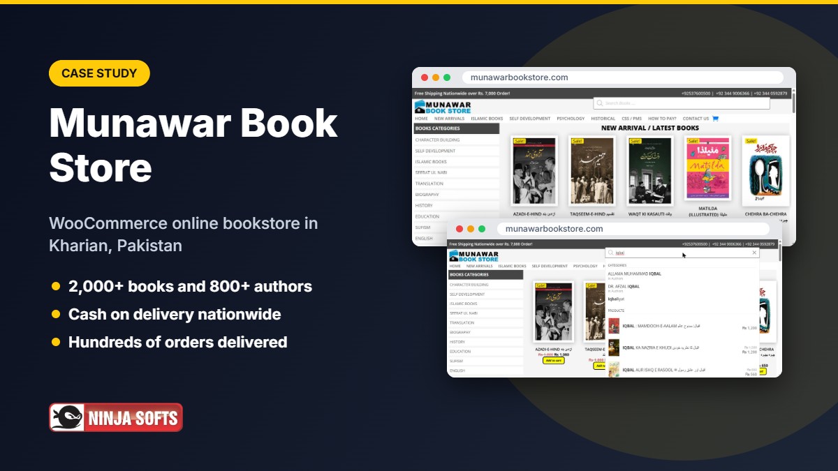 Munawar Book Store case study featured image Munawar Book Store case study by Ninja Softs: WooCommerce online bookstore in Kharian with 2,000+ books and hundreds of orders