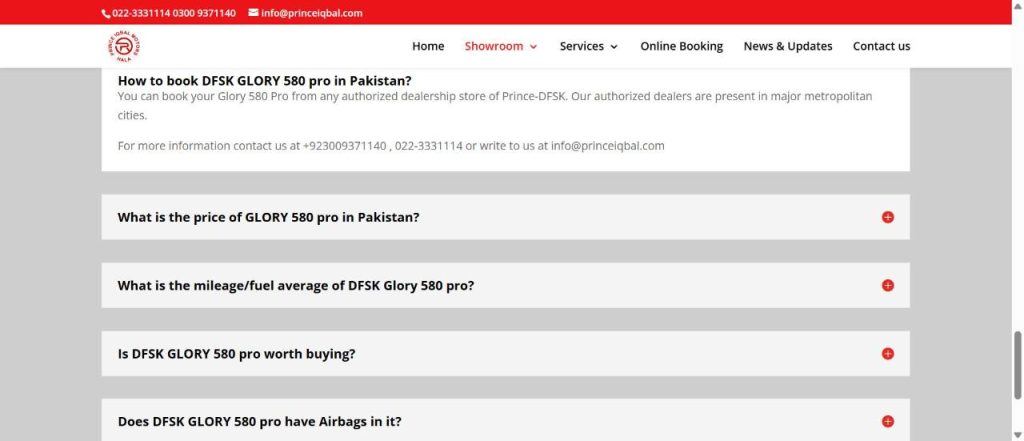 Buyer FAQ on the DFSK Glory 580 Pro page of Prince Iqbal Motors answering how to book, price in Pakistan, fuel average and airbags