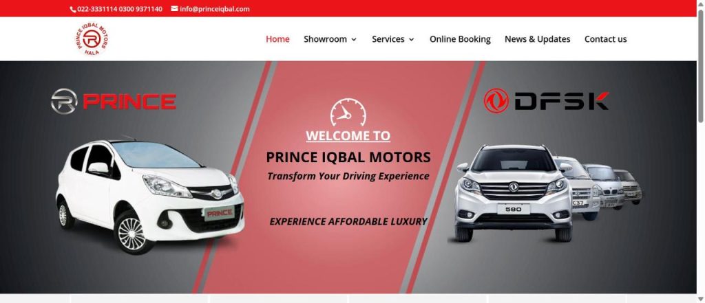 Prince Iqbal Motors homepage, a Prince and DFSK car dealership website in Hala designed by Ninja Softs