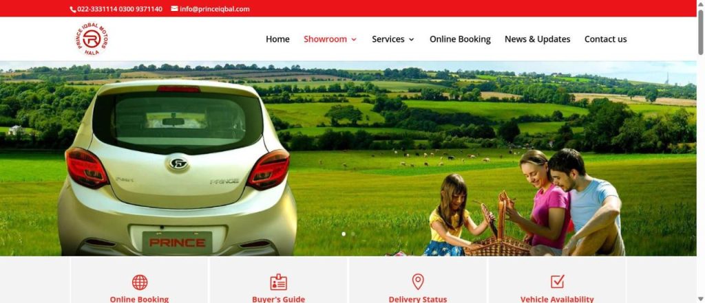 Prince Pearl model page on the Prince Iqbal Motors website with quick links for online booking, buyer's guide, delivery status and vehicle availability